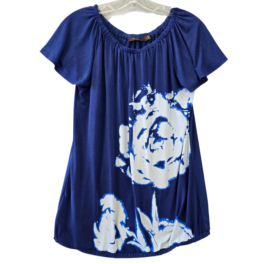 The Limited Blue Floral Shirt Short Flutter Sleeves Stretch Scoop Neck Women's M